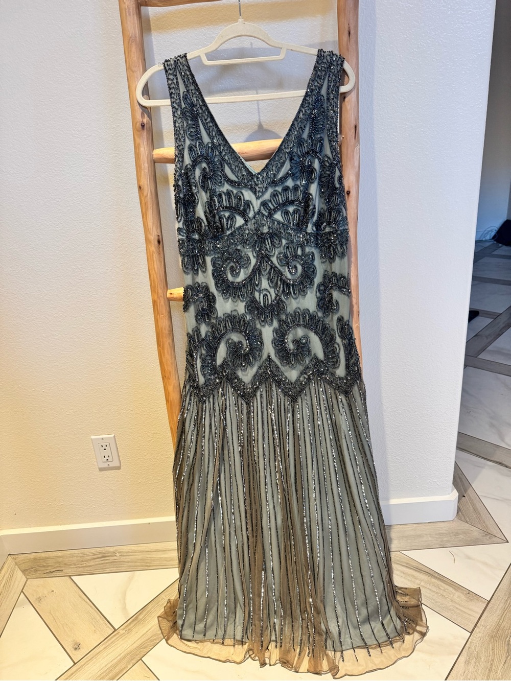 Pisarro Nights Beaded V-Neck Maxi Dress in Grey